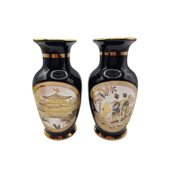 Vintage Japanese Chokin Gilded Pair of vases birds floral Geisha motif circa mid - Picture 8 of 12